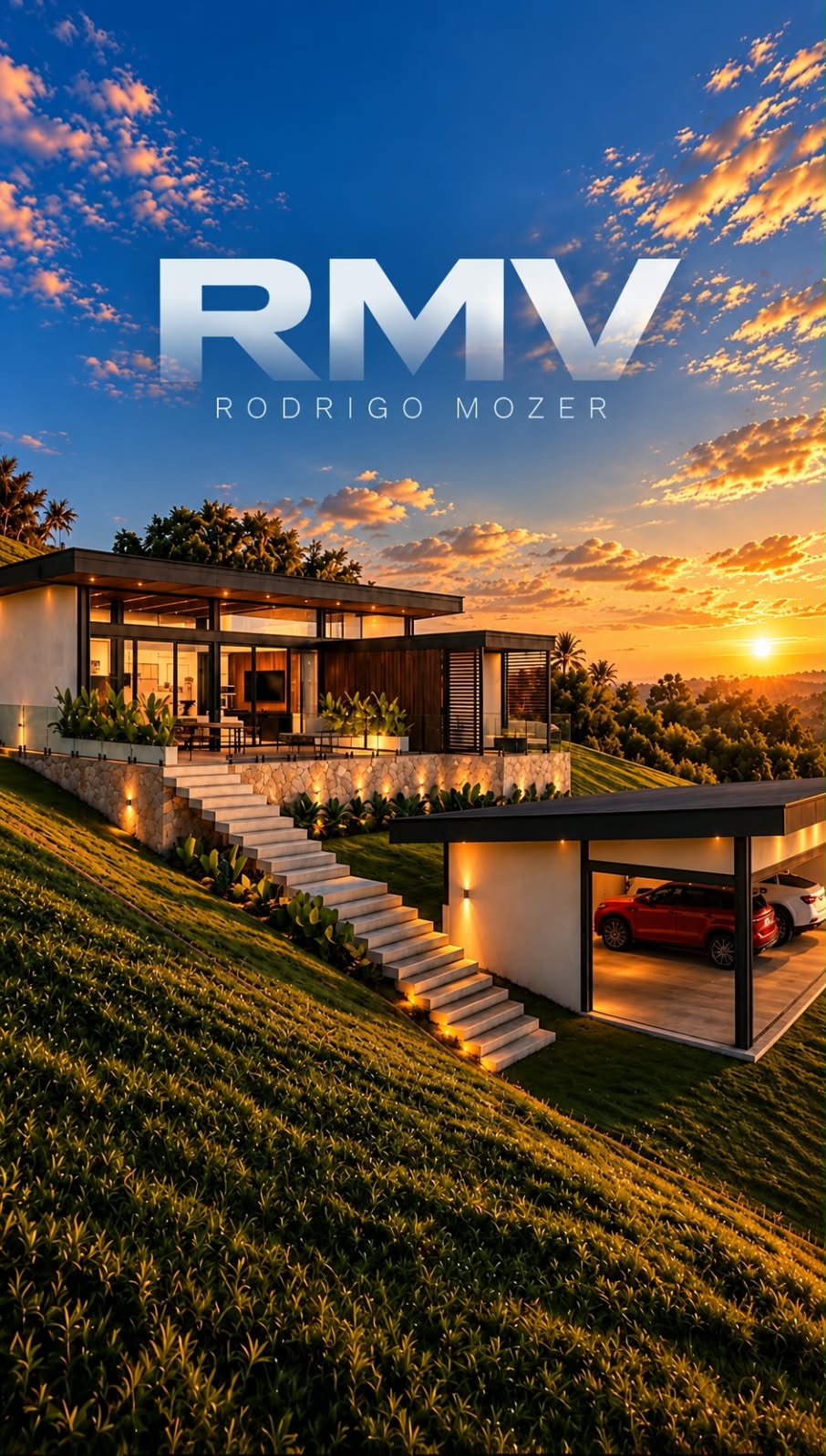 Residência contemporânea RMV implantada em terreno inclinado ao entardecer, com estrutura metálica, grandes vãos de vidro e logotipo RMV Rodrigo Mozer.